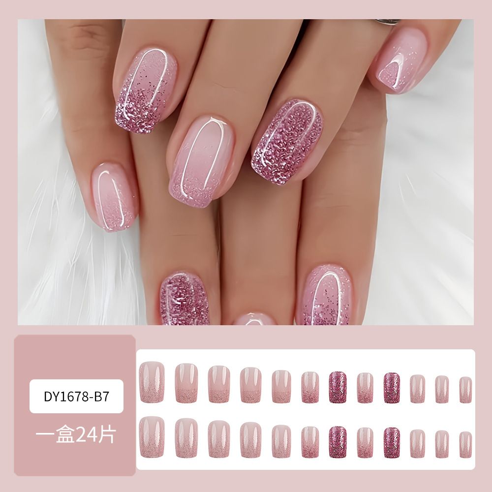 24pcs Shiny Glitter Wearable Fake Nails Reusable Stick On Nails Press on Full Cover False Nail Tips with Jelly Stickers Makeup Accessories