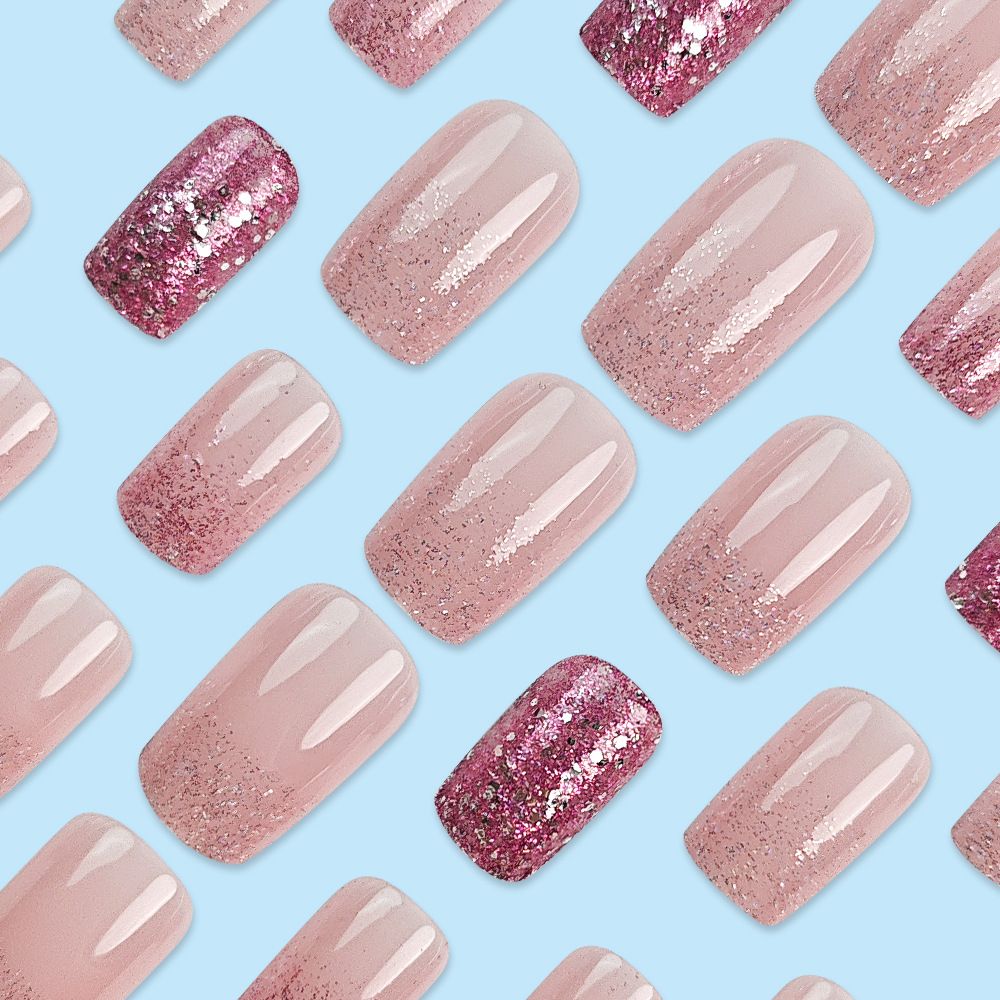 24pcs Shiny Glitter Wearable Fake Nails Reusable Stick On Nails Press on Full Cover False Nail Tips with Jelly Stickers Makeup Accessories