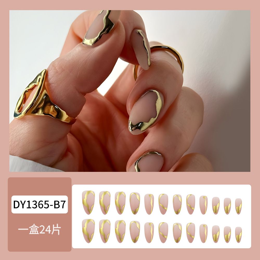 24pcs French Tip Almond Wearable Fake Nails Reusable Stick On Nails Press on Full Cover False Nail Tips with Jelly Stickers Makeup Accessories Metal Ripple  Design