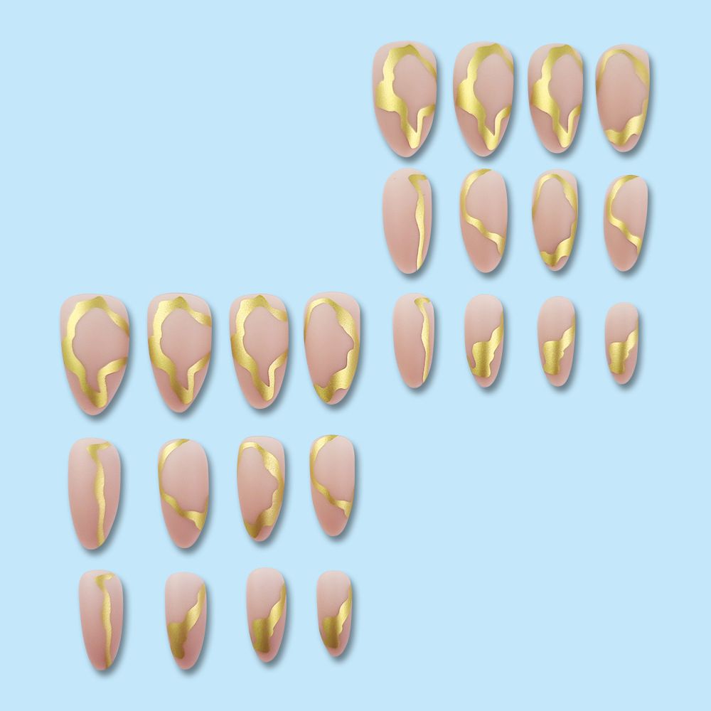 24pcs French Tip Almond Wearable Fake Nails Reusable Stick On Nails Press on Full Cover False Nail Tips with Jelly Stickers Makeup Accessories Metal Ripple  Design