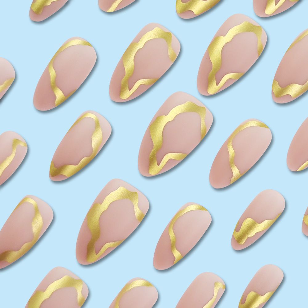 24pcs French Tip Almond Wearable Fake Nails Reusable Stick On Nails Press on Full Cover False Nail Tips with Jelly Stickers Makeup Accessories Metal Ripple  Design