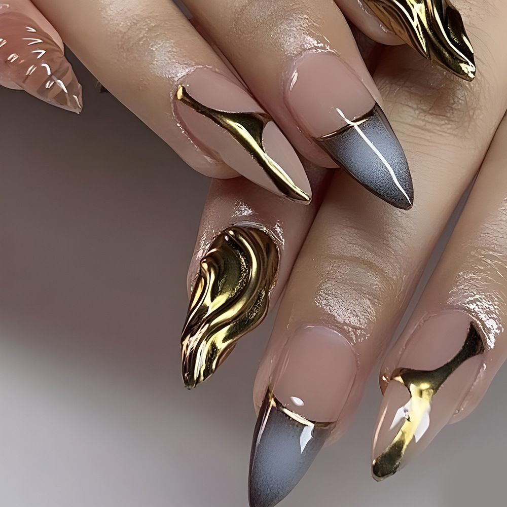 24pcs French Tip Almond Wearable Fake Nails Reusable Stick On Nails Press on Full Cover False Nail Tips with Jelly Stickers Makeup Accessories Metal Ripple  Design