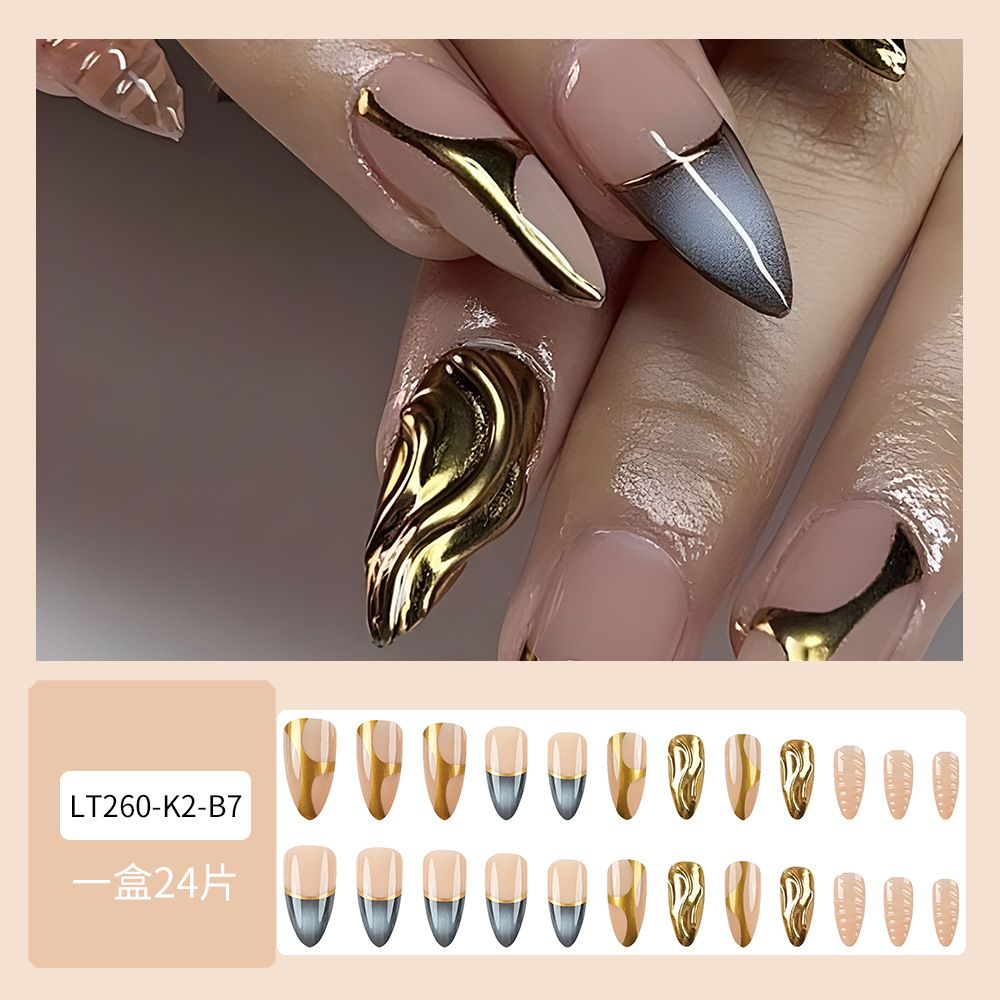 24pcs French Tip Almond Wearable Fake Nails Reusable Stick On Nails Press on Full Cover False Nail Tips with Jelly Stickers Makeup Accessories Metal Ripple  Design