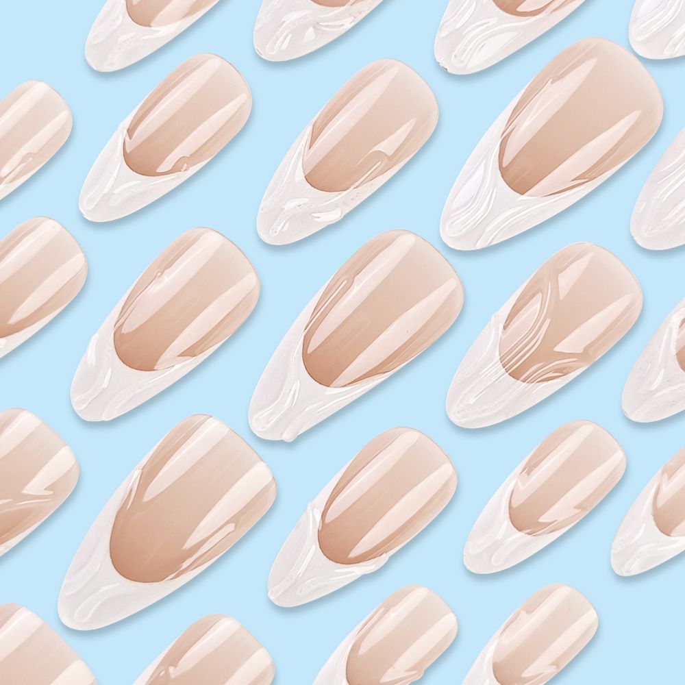 24pcs French Tip Almond Wearable Fake Nails Reusable Stick On Nails Press on Full Cover False Nail Tips with Jelly Stickers Makeup Accessories Metal Ripple  Design view 4