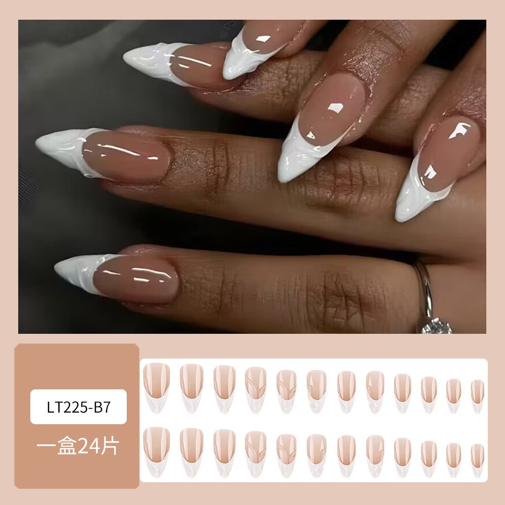 24pcs French Tip Almond Wearable Fake Nails Reusable Stick On Nails Press on Full Cover False Nail Tips with Jelly Stickers Makeup Accessories Metal Ripple  Design view 3
