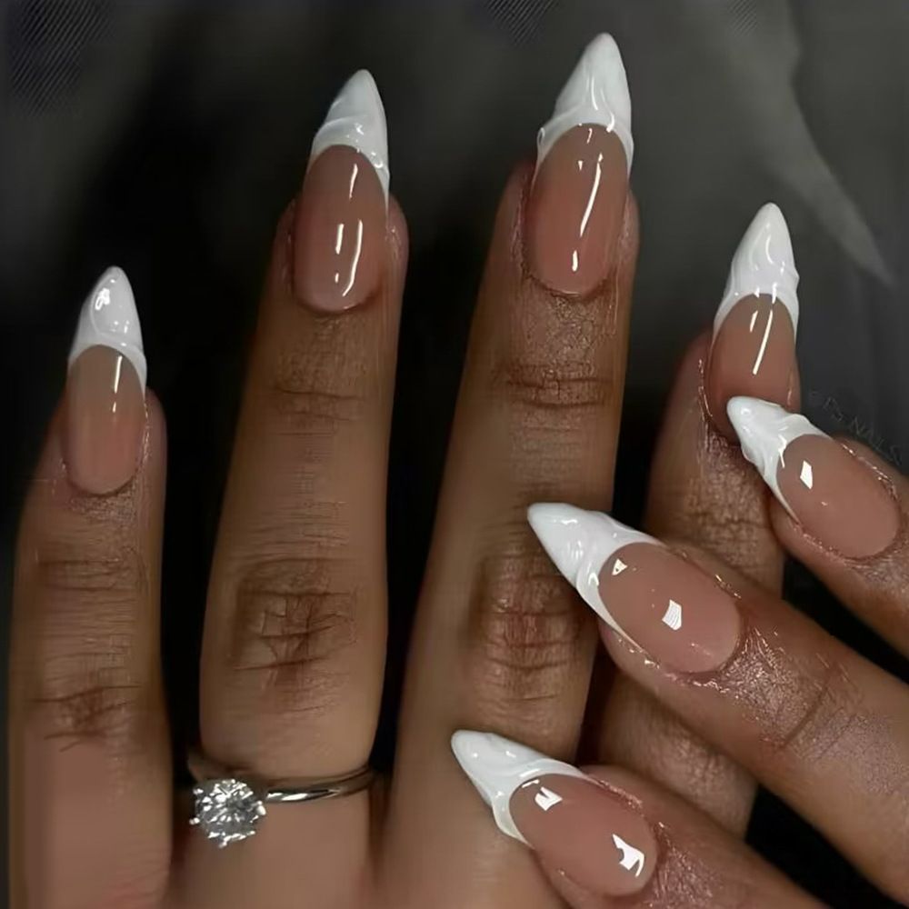 24pcs French Tip Almond Wearable Fake Nails Reusable Stick On Nails Press on Full Cover False Nail Tips with Jelly Stickers Makeup Accessories Metal Ripple  Design