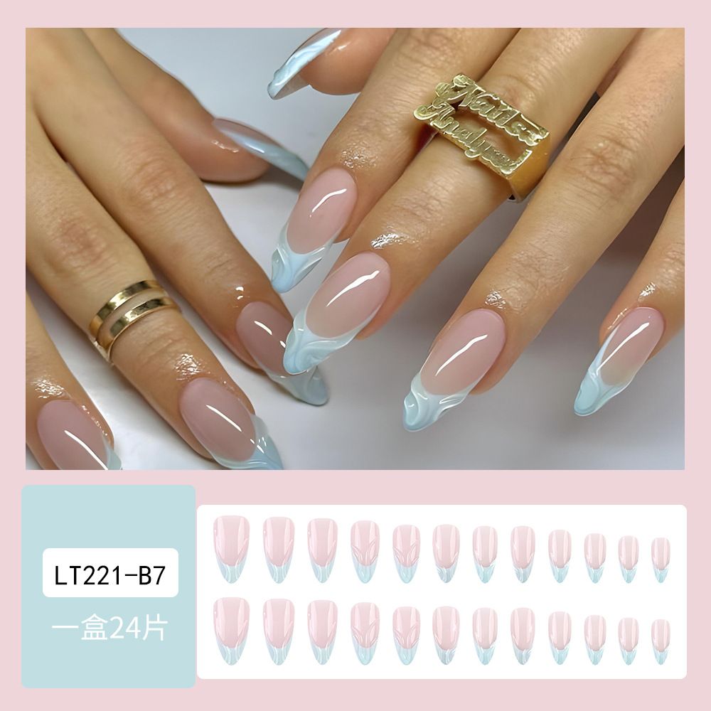 24pcs French Tip Almond Wearable Fake Nails Reusable Stick On Nails Press on Full Cover False Nail Tips with Jelly Stickers Makeup Accessories Metal Ripple  Design view 7