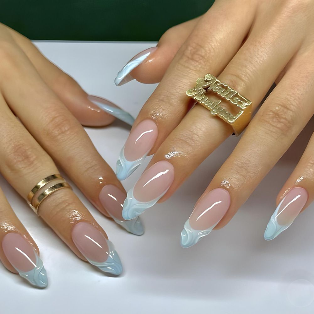 24pcs French Tip Almond Wearable Fake Nails Reusable Stick On Nails Press on Full Cover False Nail Tips with Jelly Stickers Makeup Accessories Metal Ripple  Design view 2