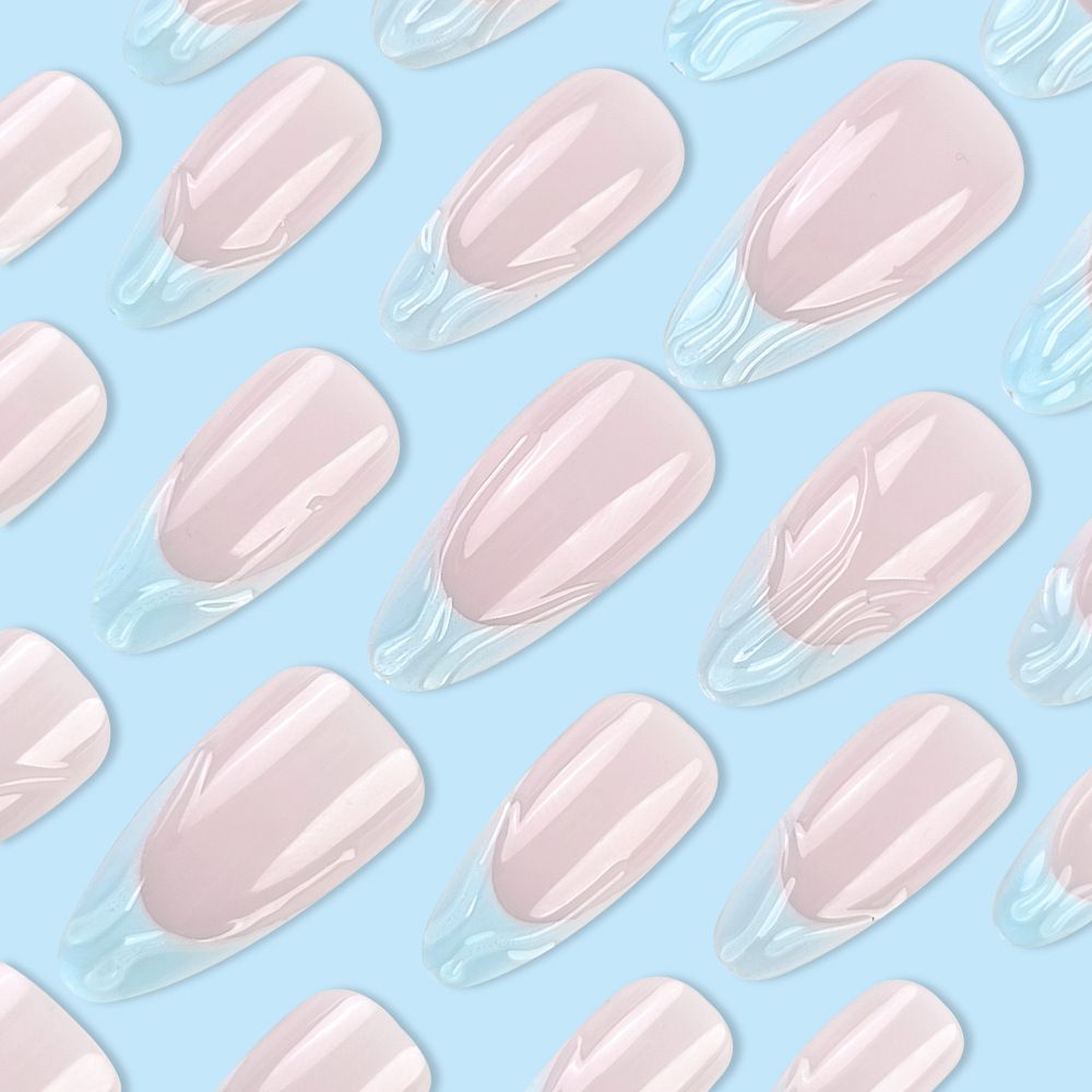 24pcs French Tip Almond Wearable Fake Nails Reusable Stick On Nails Press on Full Cover False Nail Tips with Jelly Stickers Makeup Accessories Metal Ripple  Design view 8