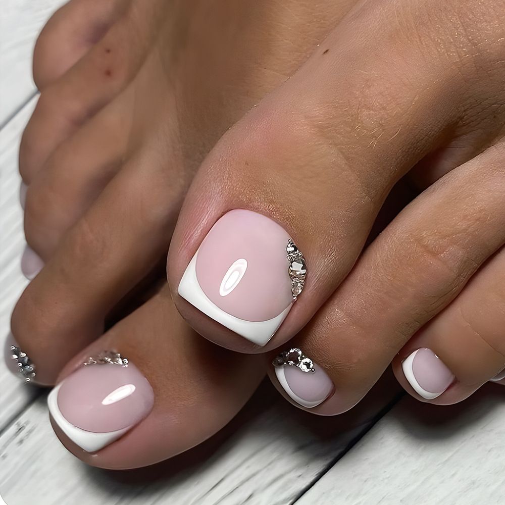 24 pcs French Tip Toe Fake Nails Toenail Wearable Nail Stickers Detachable False Nail Tips With Jelly Stickers Nails Art  Pink Color