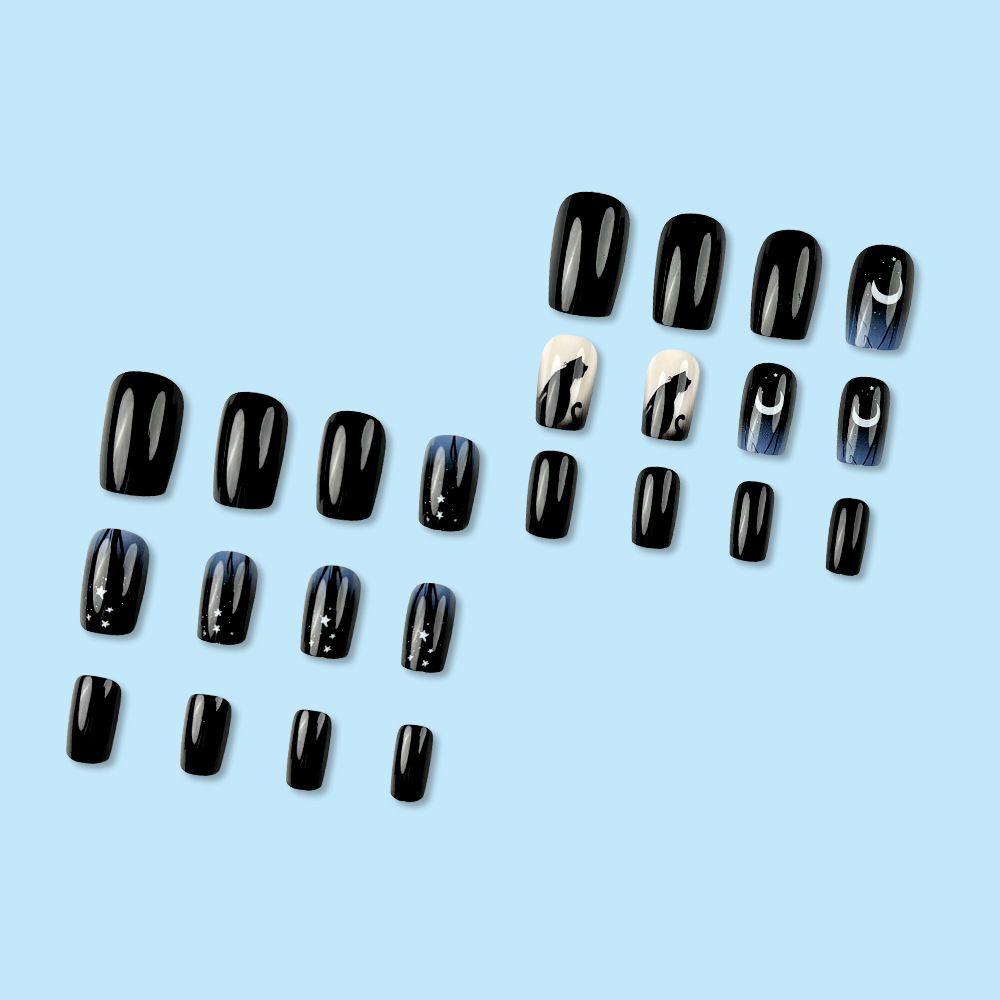 24pcs Square Black Wearable Fake Nails Reusable Stick On Nails Press on Full Cover False Nail Tips with Jelly Stickers Makeup Accessories