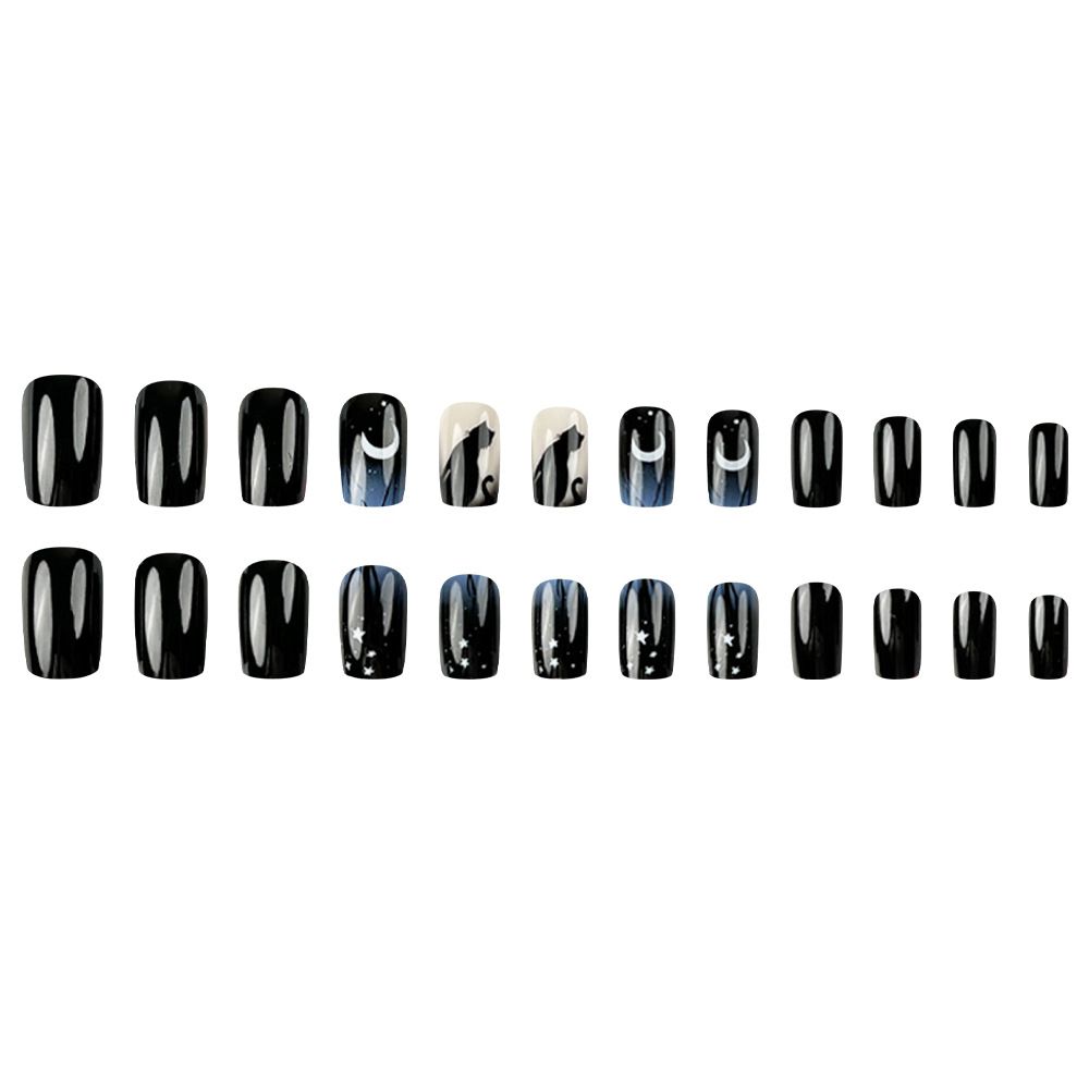 24pcs Square Black Wearable Fake Nails Reusable Stick On Nails Press on Full Cover False Nail Tips with Jelly Stickers Makeup Accessories