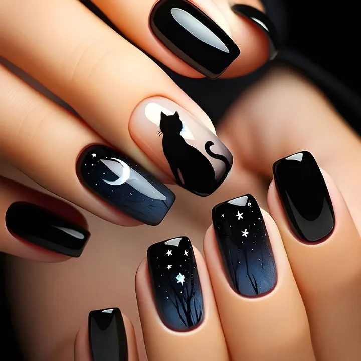 24pcs Square Black Wearable Fake Nails Reusable Stick On Nails Press on Full Cover False Nail Tips with Jelly Stickers Makeup Accessories