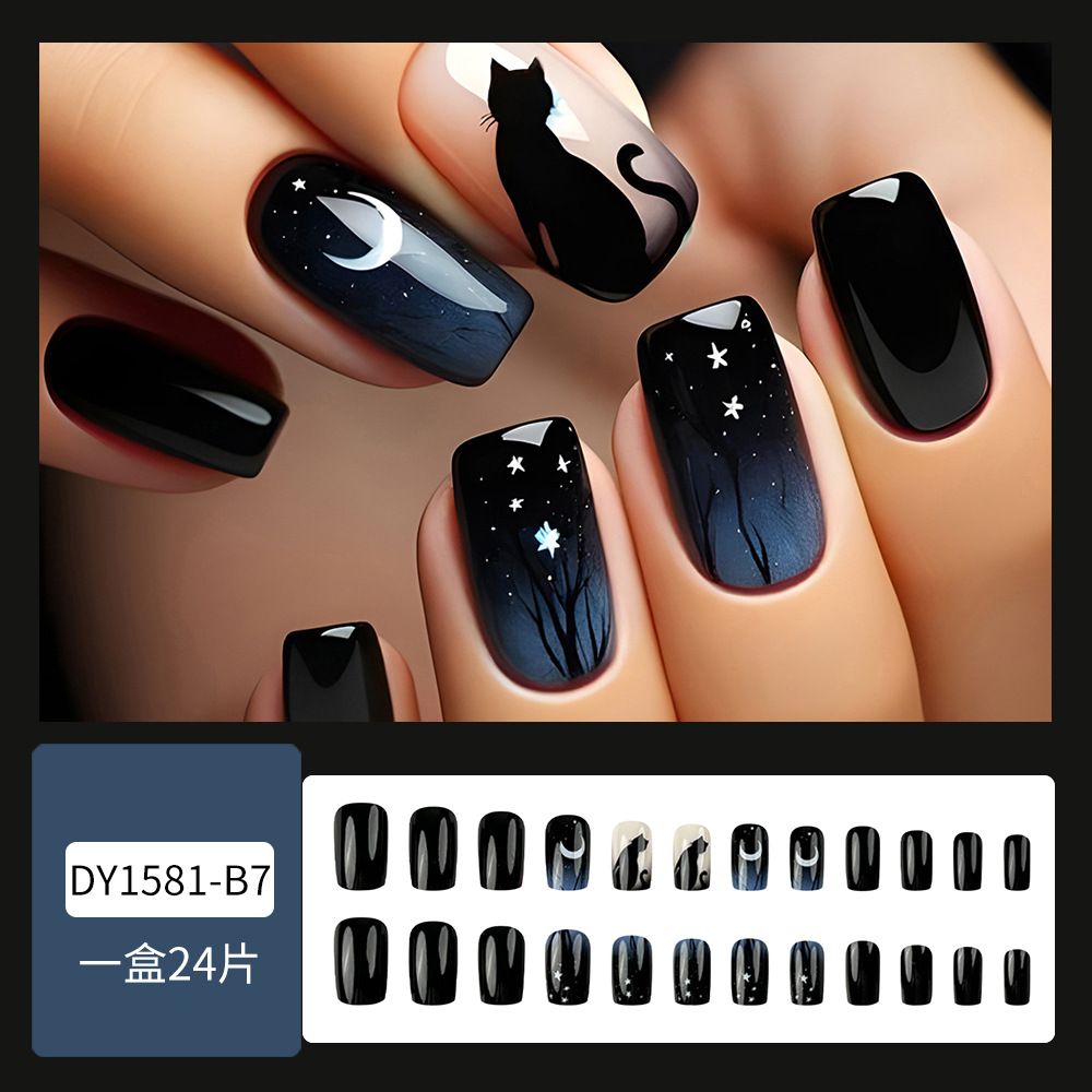 24pcs Square Black Wearable Fake Nails Reusable Stick On Nails Press on Full Cover False Nail Tips with Jelly Stickers Makeup Accessories
