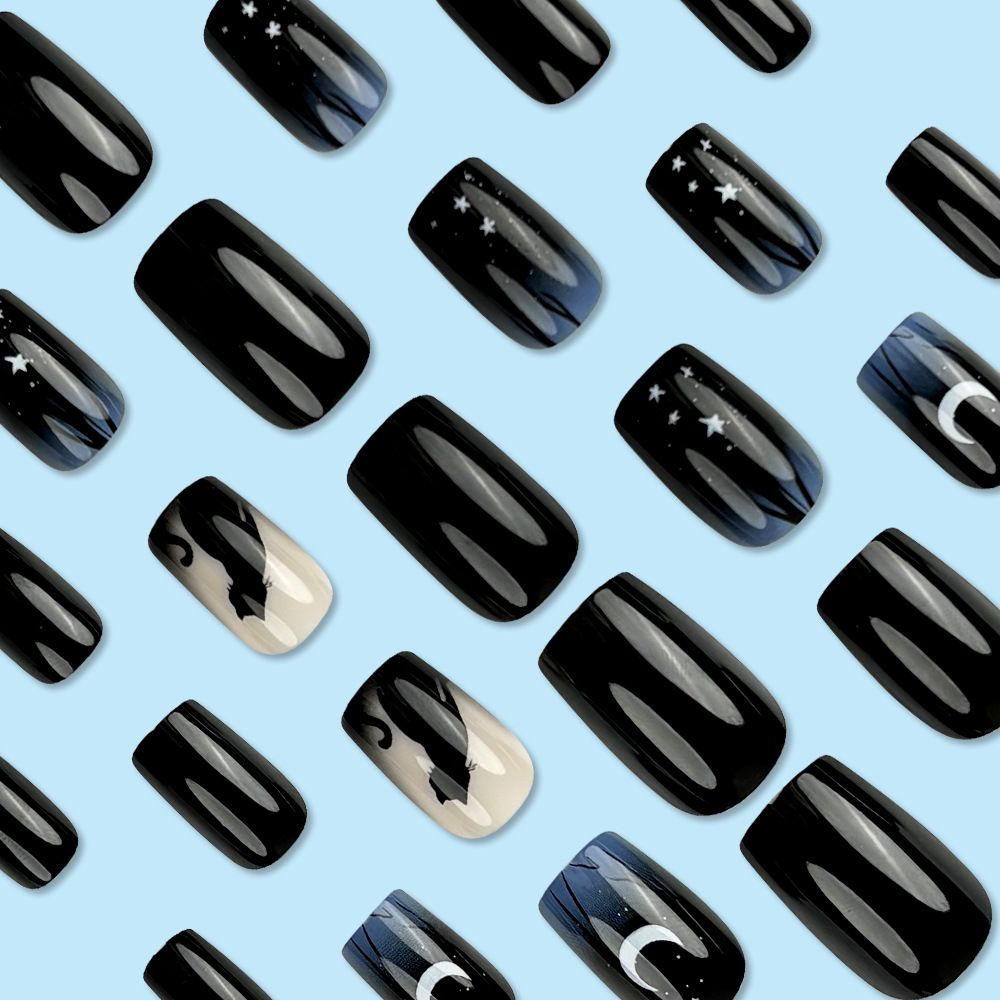 24pcs Square Black Wearable Fake Nails Reusable Stick On Nails Press on Full Cover False Nail Tips with Jelly Stickers Makeup Accessories