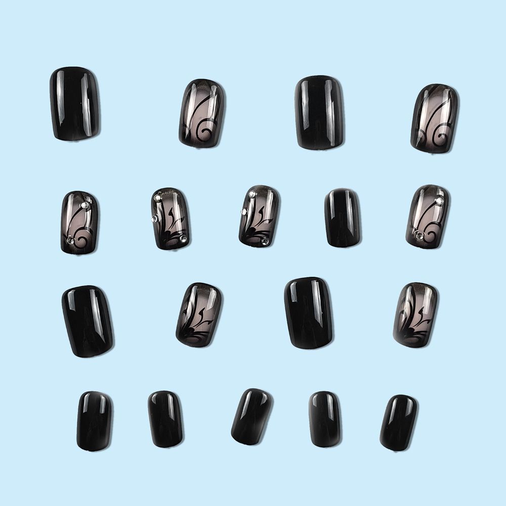 24pcs Square Black Wearable Fake Nails Reusable Stick On Nails Press on Full Cover False Nail Tips with Jelly Stickers Makeup Accessories
