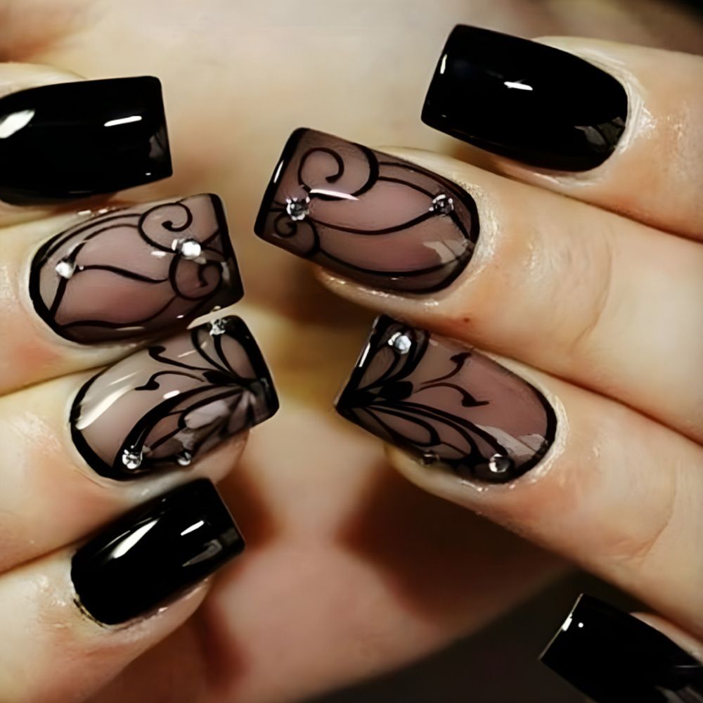 24pcs Square Black Wearable Fake Nails Reusable Stick On Nails Press on Full Cover False Nail Tips with Jelly Stickers Makeup Accessories