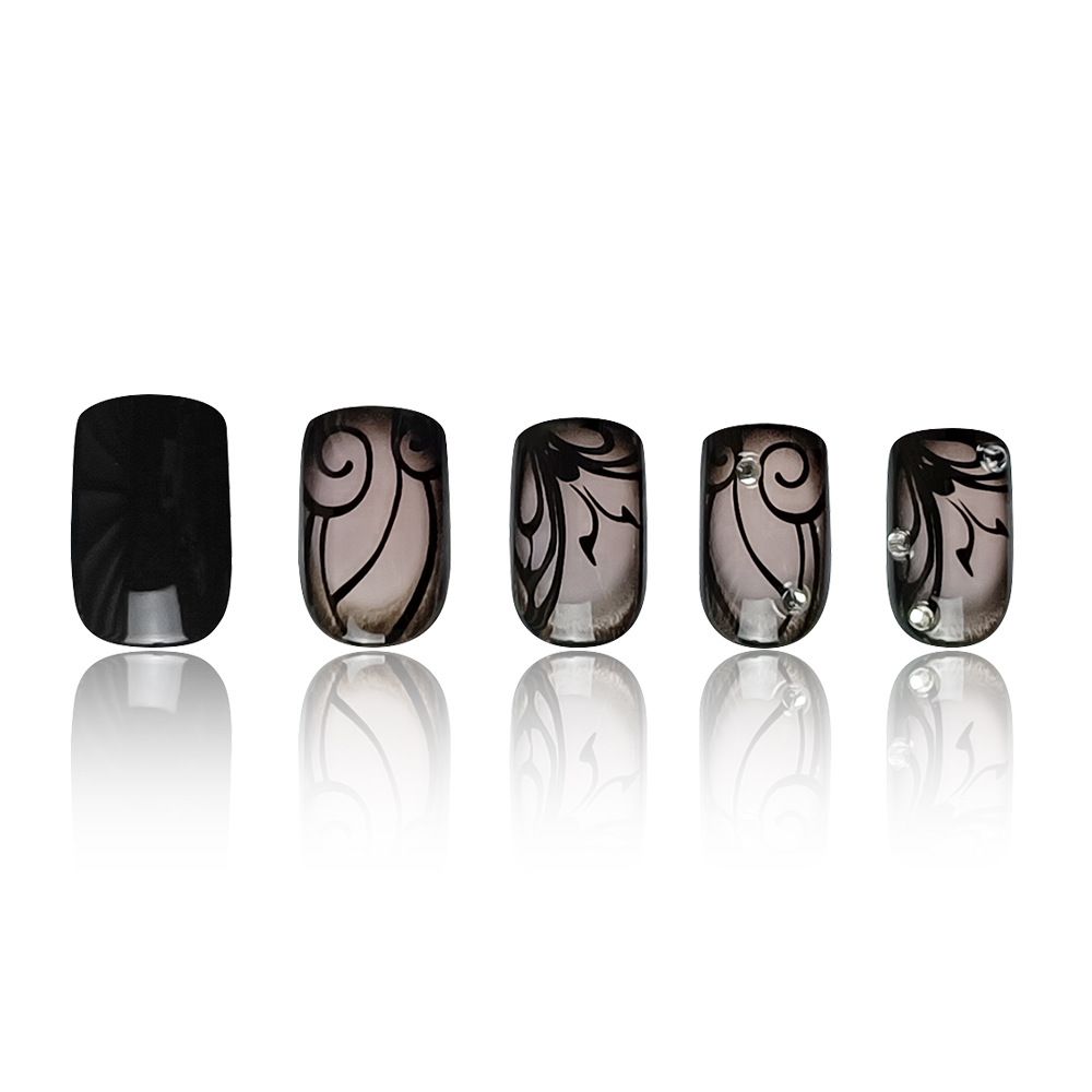 24pcs Square Black Wearable Fake Nails Reusable Stick On Nails Press on Full Cover False Nail Tips with Jelly Stickers Makeup Accessories