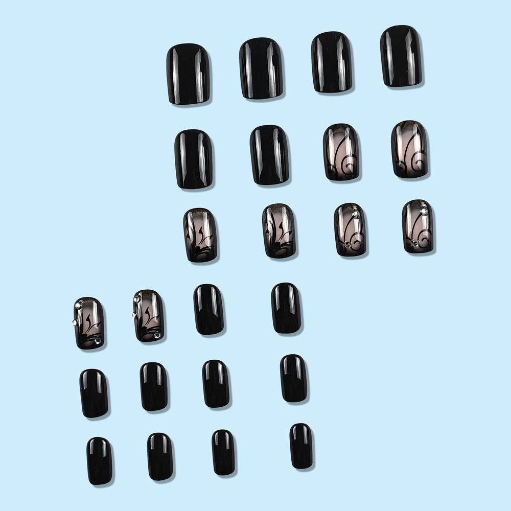 24pcs Square Black Wearable Fake Nails Reusable Stick On Nails Press on Full Cover False Nail Tips with Jelly Stickers Makeup Accessories