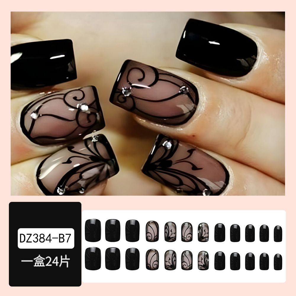 24pcs Square Black Wearable Fake Nails Reusable Stick On Nails Press on Full Cover False Nail Tips with Jelly Stickers Makeup Accessories