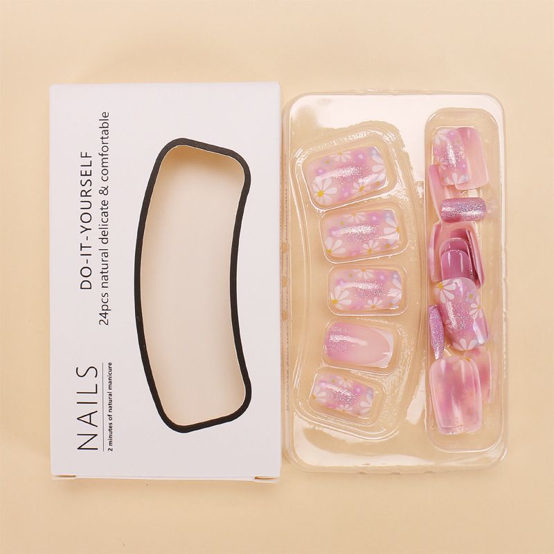 24pcs Shiny French Tip Wearable Fake Nails Reusable Stick On Nails Press on Full Cover False Nail Tips with Jelly Stickers Makeup Accessories Flower Design view 5