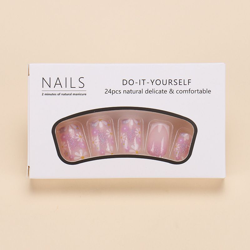 24pcs Shiny French Tip Wearable Fake Nails Reusable Stick On Nails Press on Full Cover False Nail Tips with Jelly Stickers Makeup Accessories Flower Design view 6