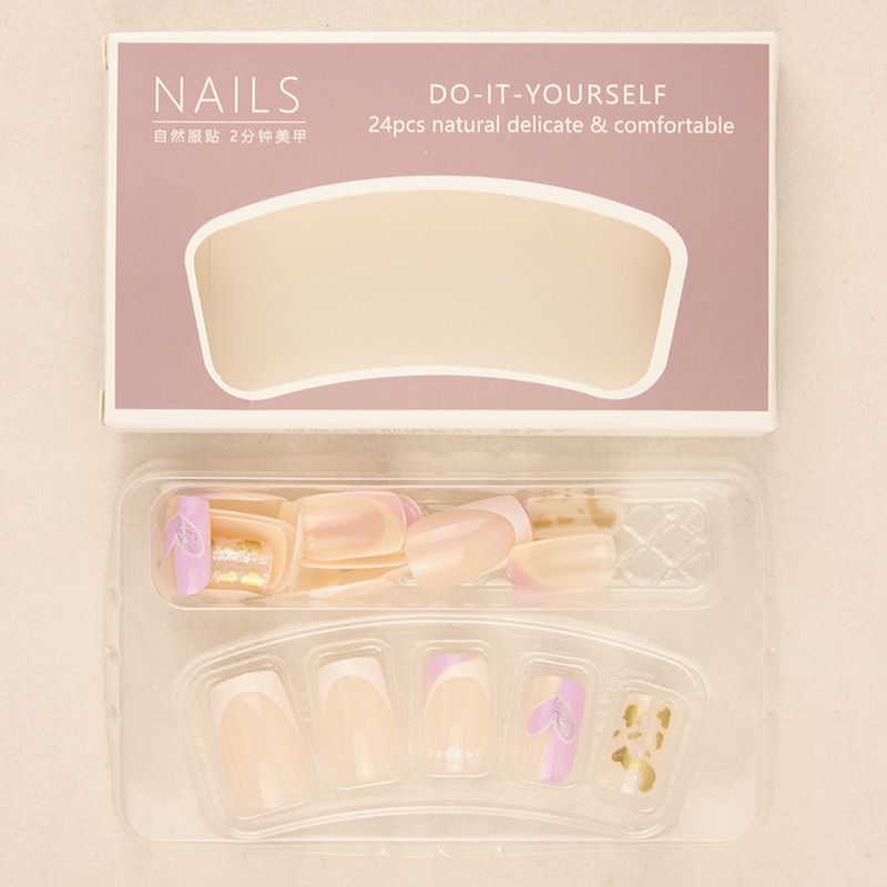 24pcs Shiny French Tip Wearable Fake Nails Reusable Stick On Nails Press on Full Cover False Nail Tips with Jelly Stickers Makeup Accessories Flower Design view 7