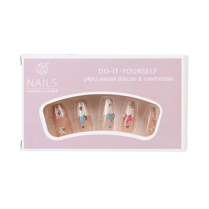 24pcs Cute French Tip Wearable Fake Nails Reusable Stick On Nails Press on Full Cover False Nail Tips with Jelly Stickers Makeup Accessories Multicolor Star view 6