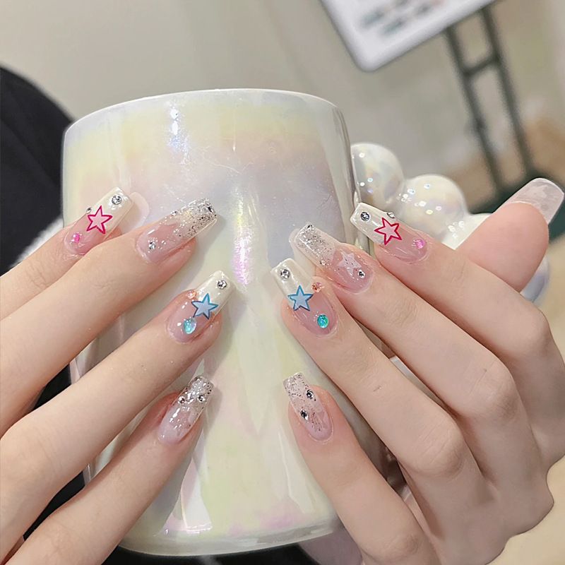 24pcs Cute French Tip Wearable Fake Nails Reusable Stick On Nails Press on Full Cover False Nail Tips with Jelly Stickers Makeup Accessories Multicolor Star view 5