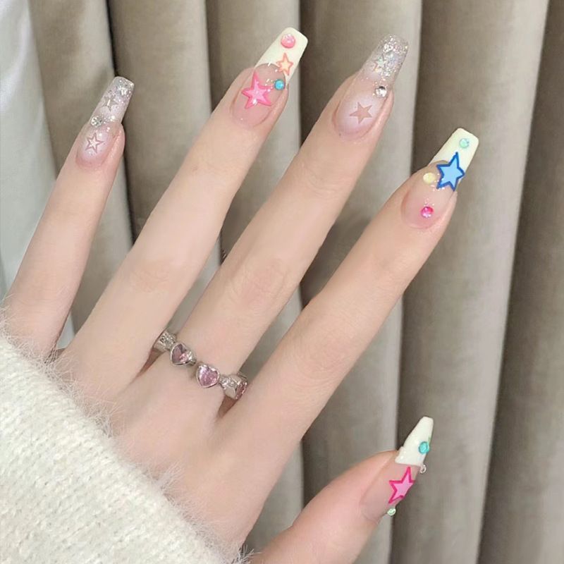 24pcs Cute French Tip Wearable Fake Nails Reusable Stick On Nails Press on Full Cover False Nail Tips with Jelly Stickers Makeup Accessories Multicolor Star view 3