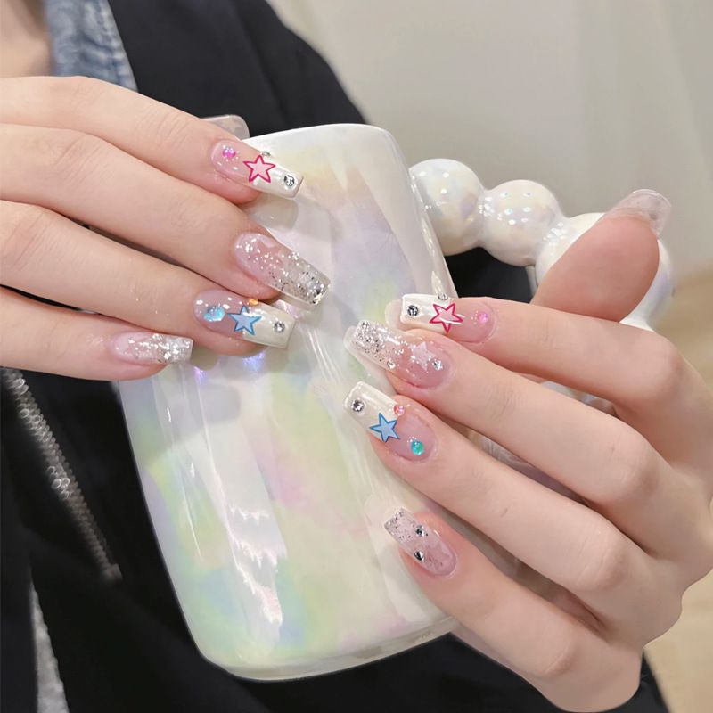 24pcs Cute French Tip Wearable Fake Nails Reusable Stick On Nails Press on Full Cover False Nail Tips with Jelly Stickers Makeup Accessories Multicolor Star