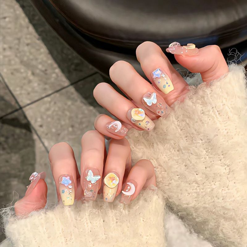 24pcs Cute French Tip Wearable Fake Nails Reusable Stick On Nails Press on Full Cover False Nail Tips with Jelly Stickers Makeup Accessories Multicolor Star view 2