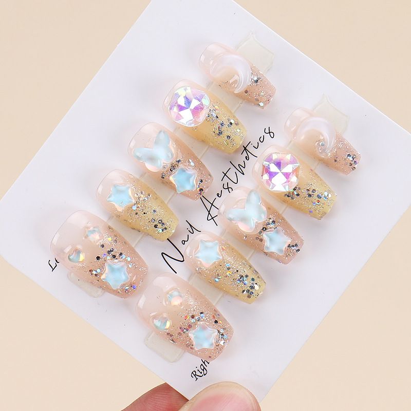 24pcs Cute French Tip Wearable Fake Nails Reusable Stick On Nails Press on Full Cover False Nail Tips with Jelly Stickers Makeup Accessories Multicolor Star view 7