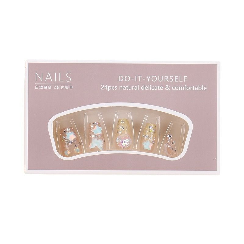 24pcs Cute French Tip Wearable Fake Nails Reusable Stick On Nails Press on Full Cover False Nail Tips with Jelly Stickers Makeup Accessories Multicolor Star view 10