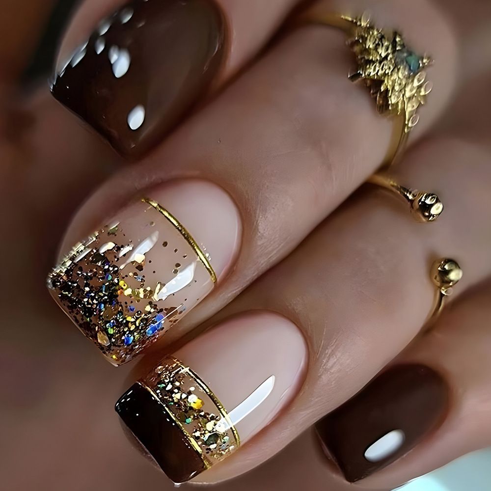 24pcs Shiny French Tip Wearable Fake Nails Reusable Stick On Nails Press on Full Cover False Nail Tips with Jelly Stickers Makeup Accessories Gold Glitter