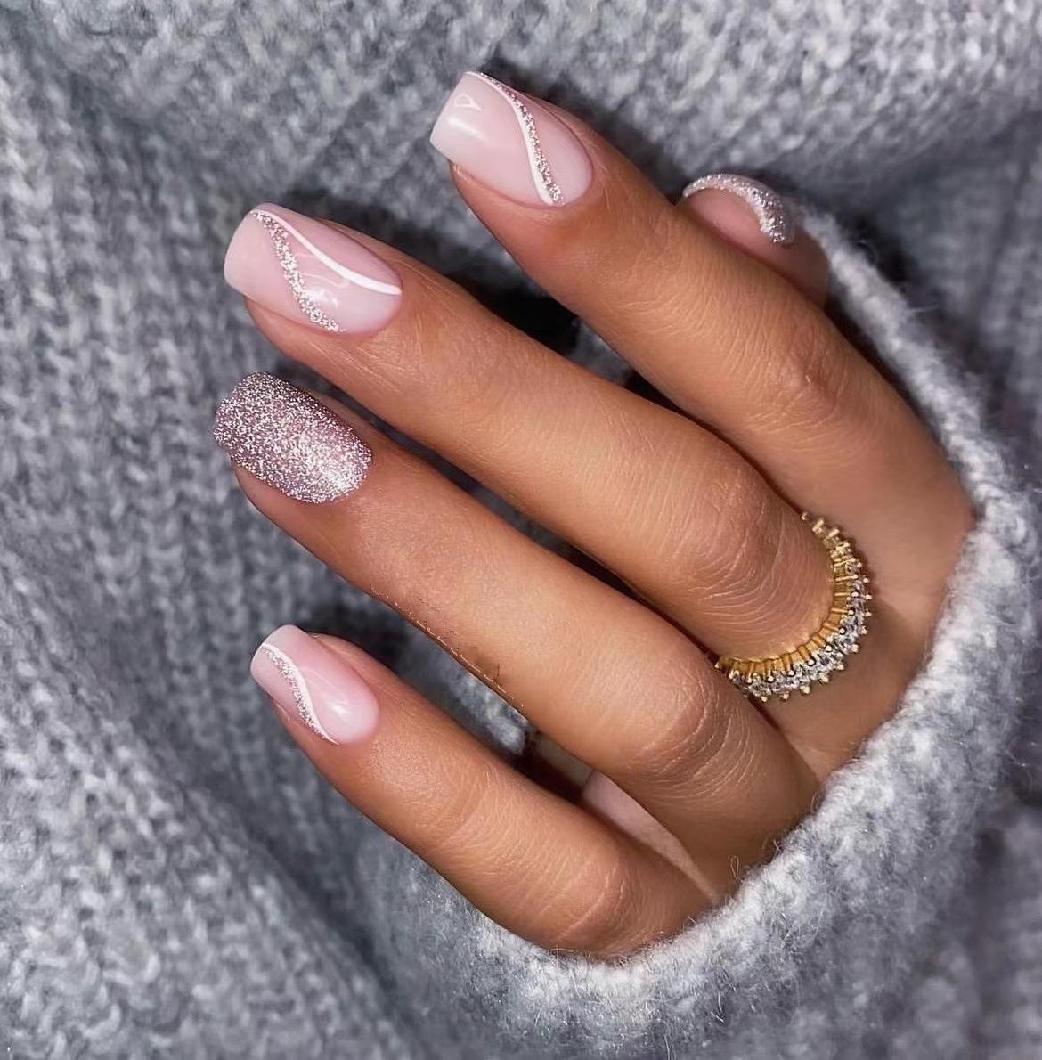 24pcs Square French Tip Wearable Fake Nails Reusable Stick On Nails Press on Full Cover False Nail Tips with Jelly Stickers Makeup Accessories Nail Art view 2
