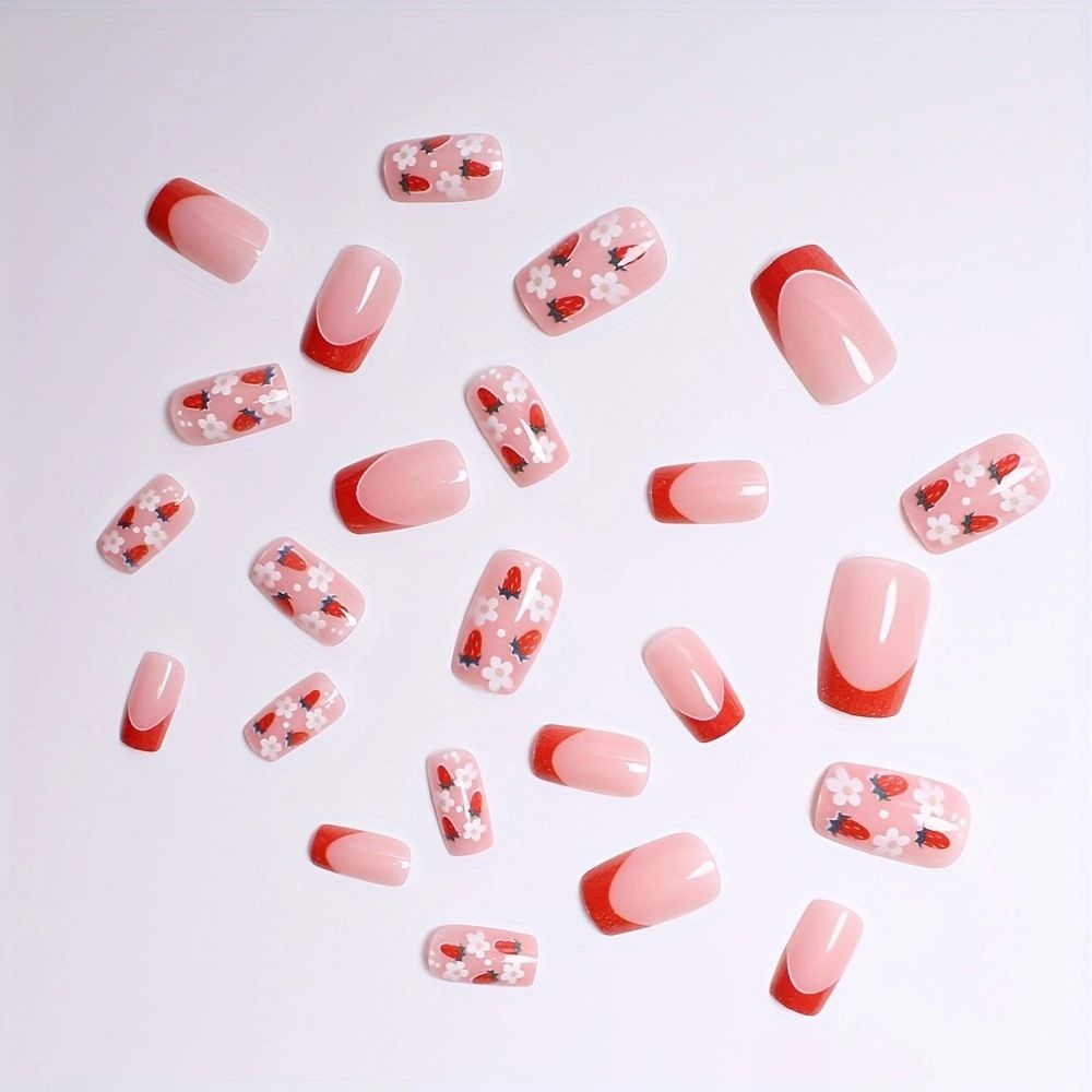 24pcs French Tip Wearable Fake Nails Reusable Stick On Nails Press on Full Cover False Nail Tips with Jelly Stickers Makeup Accessories Nail Art Flower view 4