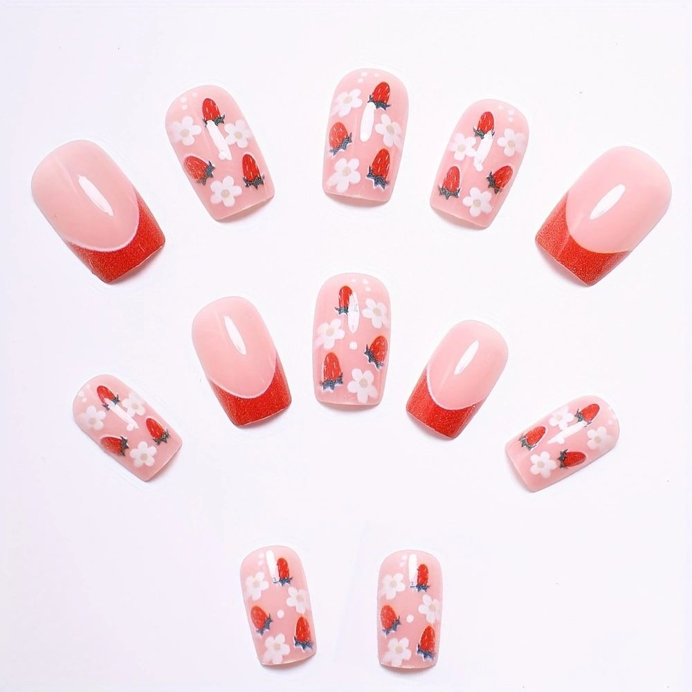24pcs French Tip Wearable Fake Nails Reusable Stick On Nails Press on Full Cover False Nail Tips with Jelly Stickers Makeup Accessories Nail Art Flower view 5
