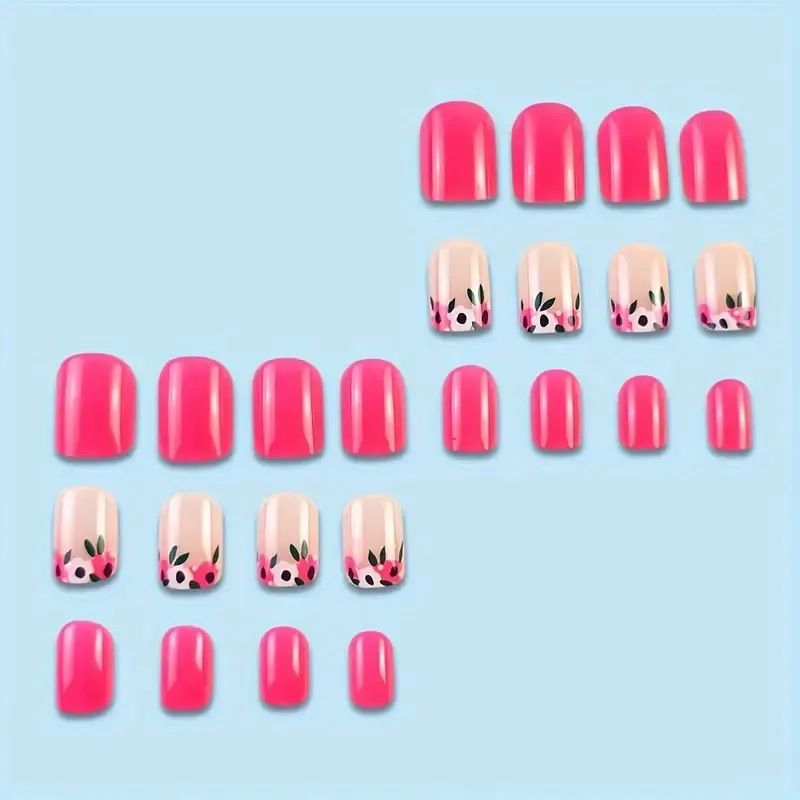 24pcs French Tip Wearable Fake Nails Reusable Stick On Nails Press on Full Cover False Nail Tips with Jelly Stickers Makeup Accessories Nail Art Flower view 7