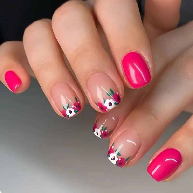 24pcs French Tip Wearable Fake Nails Reusable Stick On Nails Press on Full Cover False Nail Tips with Jelly Stickers Makeup Accessories Nail Art Flower view 2