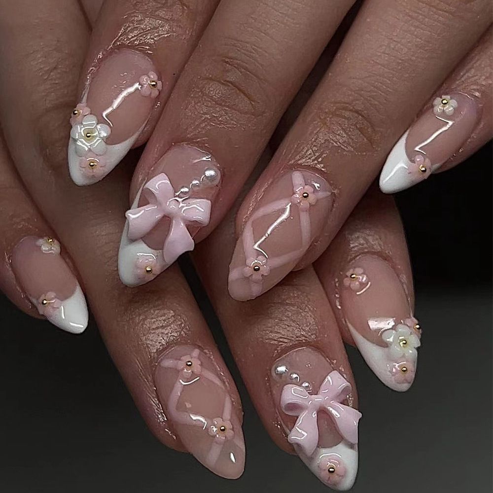 24pcs 3D French Tip Wearable Fake Nails Reusable Stick On Nails Press on Full Cover False Nail Tips with Jelly Stickers Makeup Accessories Nail Art