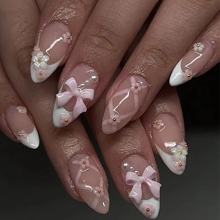 24pcs 3D French Tip Wearable Fake Nails Reusable Stick On Nails Press on Full Cover False Nail Tips with Jelly Stickers Makeup Accessories Nail Art