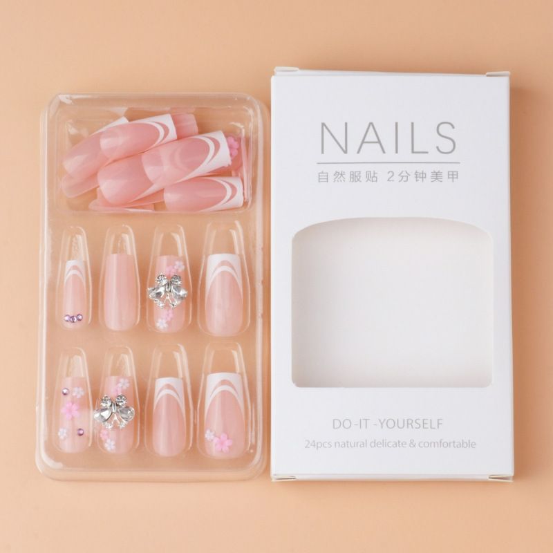 24pcs 3D French Tip Wearable Fake Nails Reusable Stick On Nails Press on Full Cover False Nail Tips with Jelly Stickers Makeup Accessories Nail Art