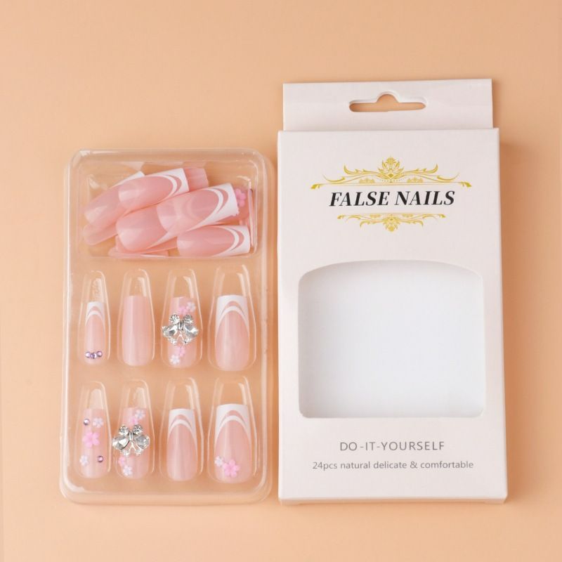 24pcs 3D French Tip Wearable Fake Nails Reusable Stick On Nails Press on Full Cover False Nail Tips with Jelly Stickers Makeup Accessories Nail Art