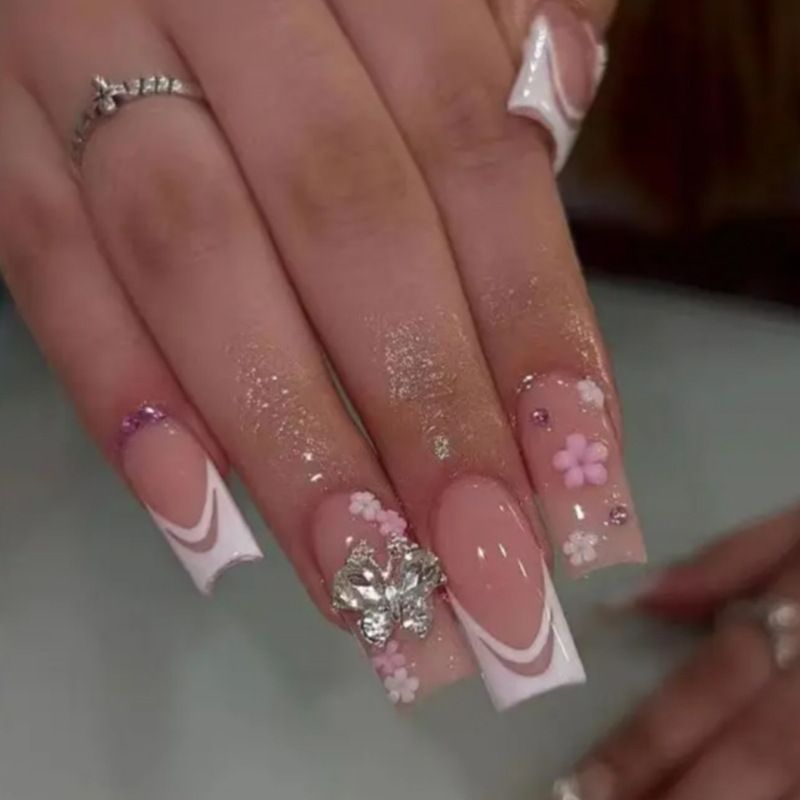 24pcs 3D French Tip Wearable Fake Nails Reusable Stick On Nails Press on Full Cover False Nail Tips with Jelly Stickers Makeup Accessories Nail Art