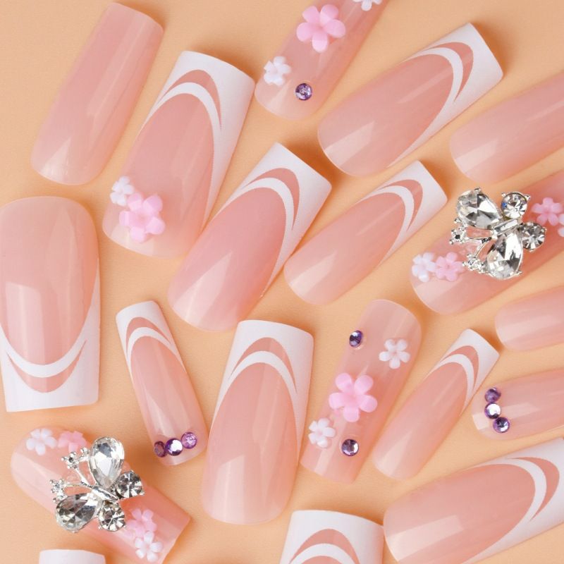 24pcs 3D French Tip Wearable Fake Nails Reusable Stick On Nails Press on Full Cover False Nail Tips with Jelly Stickers Makeup Accessories Nail Art