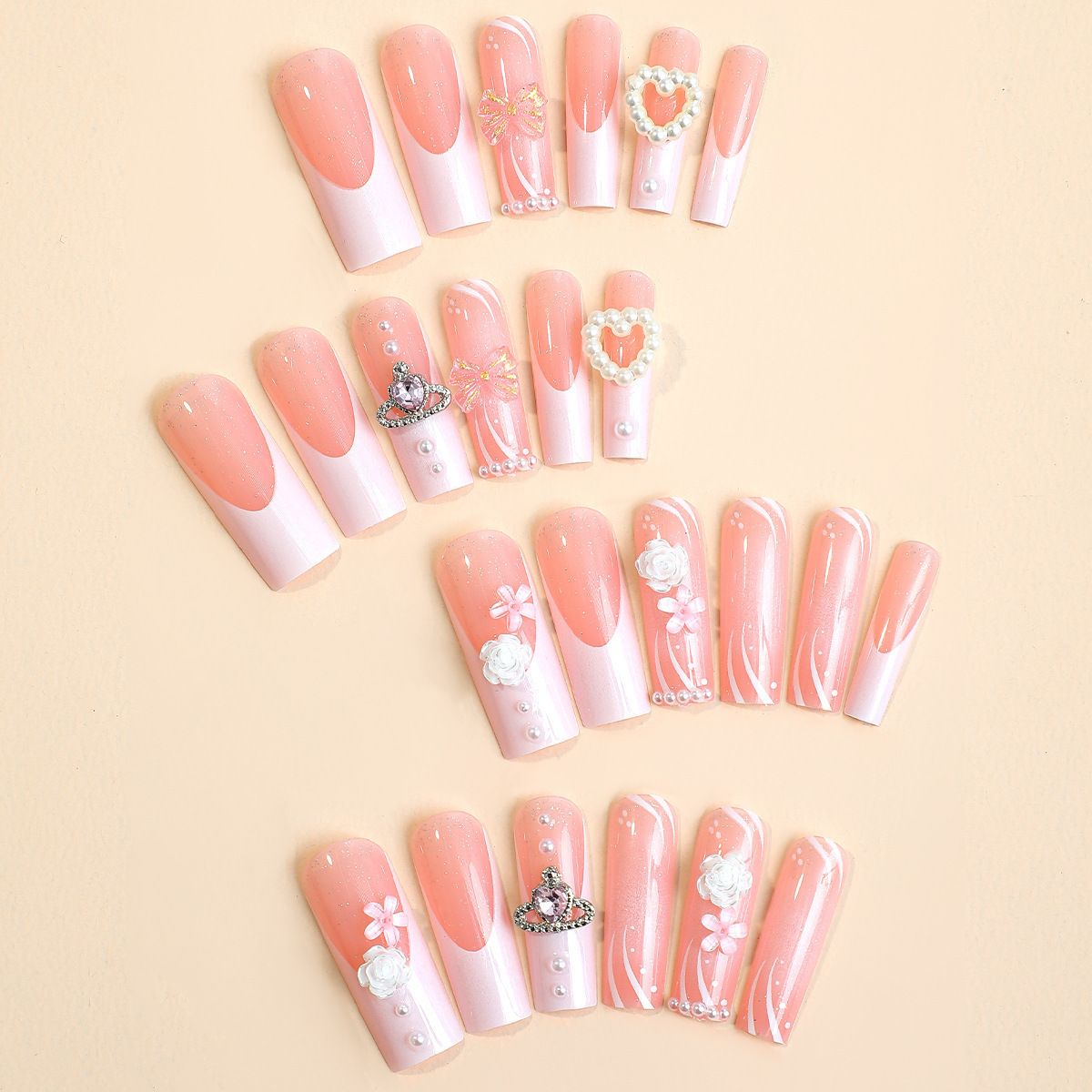 24pcs 3D French Tip Wearable Fake Nails Reusable Stick On Nails Press on Full Cover False Nail Tips with Jelly Stickers Makeup Accessories Nail Art