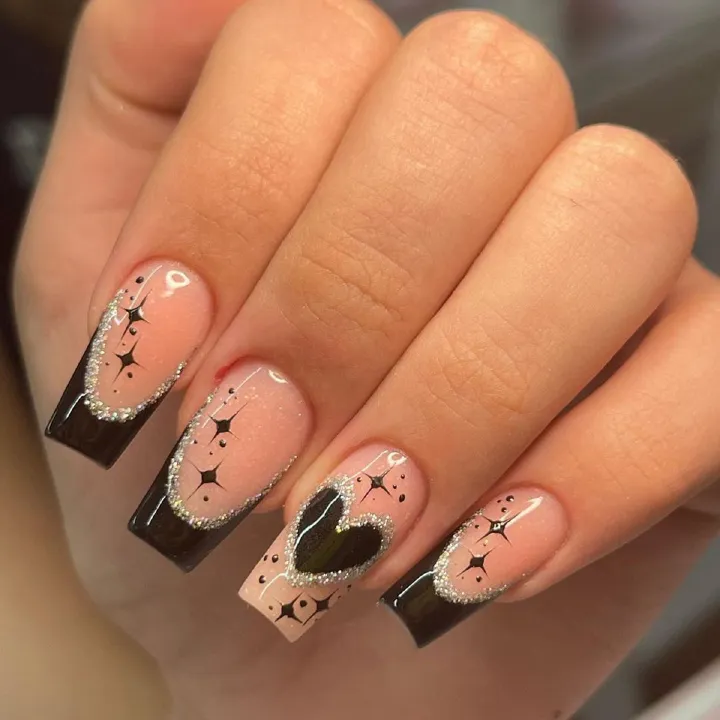 24pcs Square Wearable Fake Nails Reusable Stick On Nails Press on Full Cover False Nail Tips with Jelly Stickers Makeup Accessories Nail Art Black