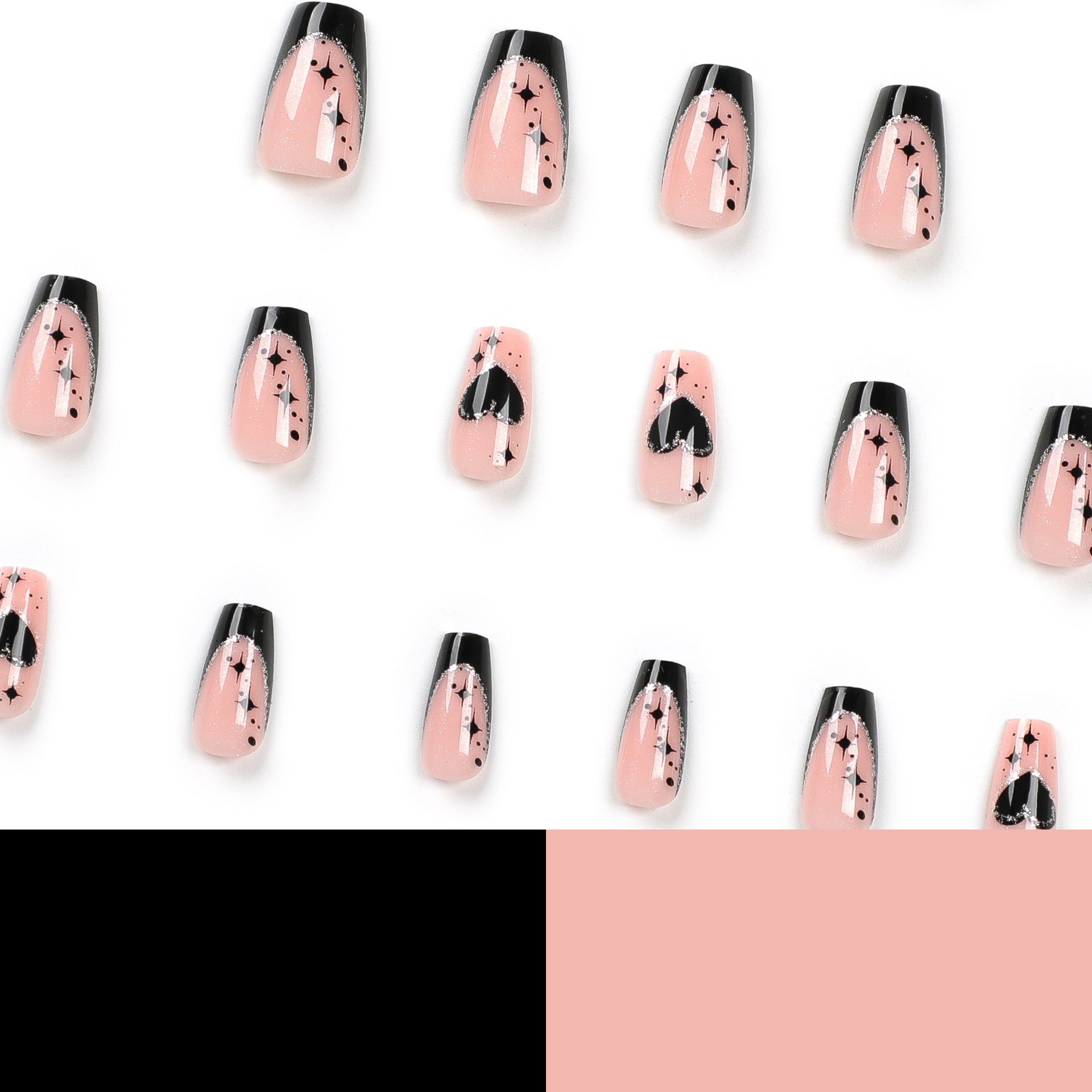 24pcs Square Wearable Fake Nails Reusable Stick On Nails Press on Full Cover False Nail Tips with Jelly Stickers Makeup Accessories Nail Art Black