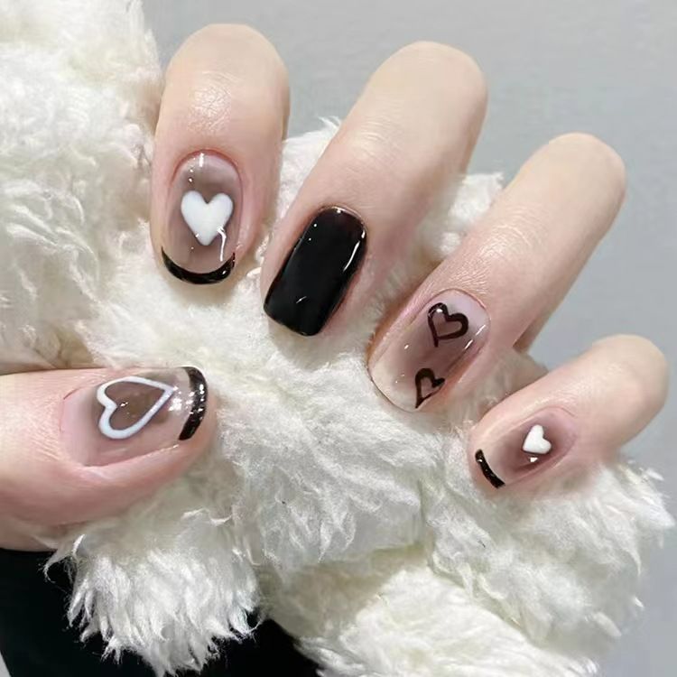 24pcs Square Wearable Fake Nails Reusable Stick On Nails Press on Full Cover False Nail Tips with Jelly Stickers Makeup Accessories Nail Art Black